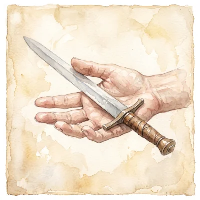 A sword resting across an open hand, watercolor illustration referencing Simeon's prophecy to Mary