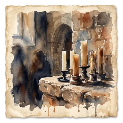 A loose watercolor painting of a small cluster of unlit candles on a stone ledge in a quiet chapel corner, soft shadow suggesting an unseen presence nearby