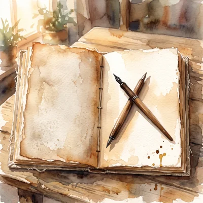 A journal open to a blank page beside a pen, waiting to be written in