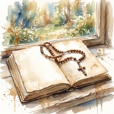 An open journal and rosary resting together, ready for quiet reflection