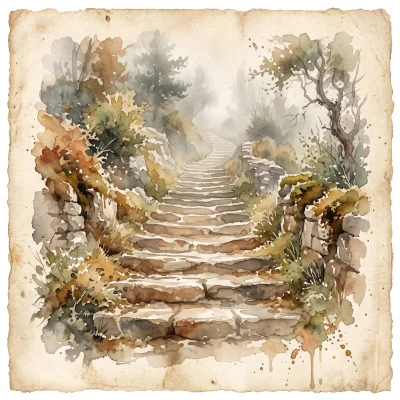 A loose watercolor painting of ancient stone steps disappearing into soft morning mist, worn smooth by centuries of footsteps
