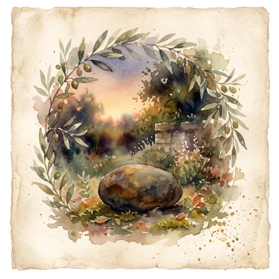 A loose watercolor painting of one smooth stone resting alone in a quiet garden at dusk, olive branches softly framing the scene