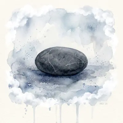 A watercolor image of a dark smooth stone with white lines going through it. A watercolor image of a dark smooth stone with white lines going through it.