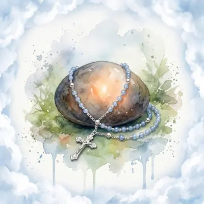 A watercolor image of a stone with a rosary draped over it. A watercolor image of a stone with a rosary draped over it.