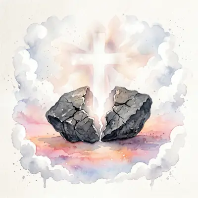 A watercolor image of a broken stone in two halves open scriptures.