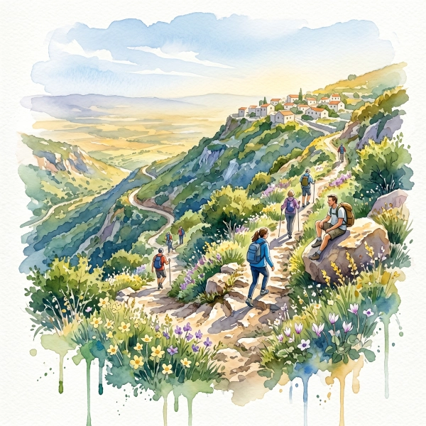A fresh, morning watercolor painting of travelers climbing a winding trail up lush green Galilean hills dotted with wildflowers, overlooking the hazy Jordan Valley, with cloud-like edges and drips.