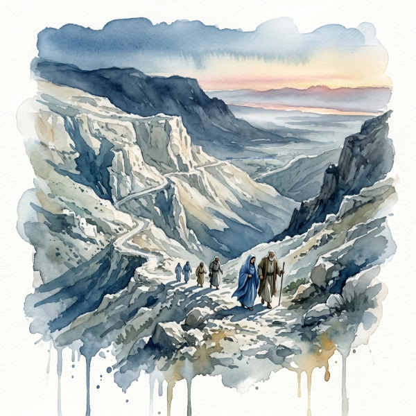 A grand, cool-toned watercolor by nano banana showing a small group of travelers, including Mary in blue, descending steep hills at dawn, looking over the Jordan Valley.