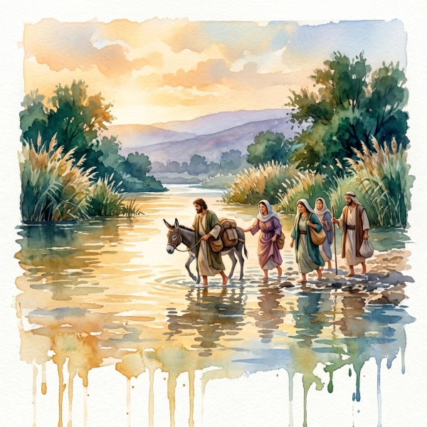 A warm, sun-lit watercolor painting of travelers wading through the shimmering, golden Jordan River in the late afternoon, surrounded by reeds, with cloud-like edges and drips.