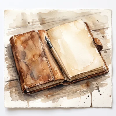 A loose watercolor painting of a worn leather journal lying open on a wooden table, blank page catching soft morning light, a plain wooden-handled pen resting across the crease