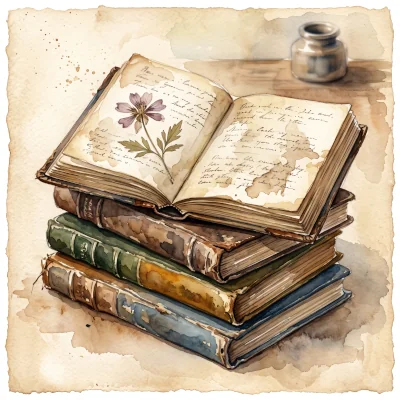 A loose watercolor painting of a stack of well-worn journals in muted colors, one lying open on top with a pressed flower marking the page