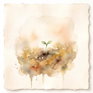A small watercolor illustration of a single seed beginning to grow in warm soil