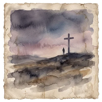 Watercolor of a distant cross at Calvary with a solitary figure at its base