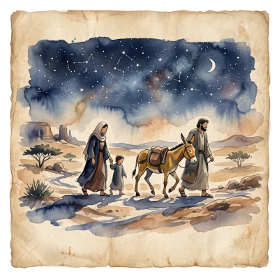 Watercolor of the Holy Family's flight into Egypt beneath the stars