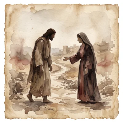 Watercolor of Mary meeting Jesus on the way to Calvary