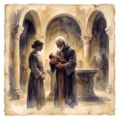 Watercolor of Simeon holding the infant Jesus in the temple, Mary standing nearby