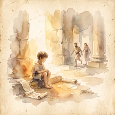 Watercolor of the boy Jesus found in the Temple among the scrolls