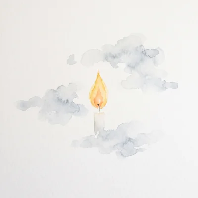 A minimalist watercolor of a single steady candle flame with soft grey-blue watercolor cloud puffs