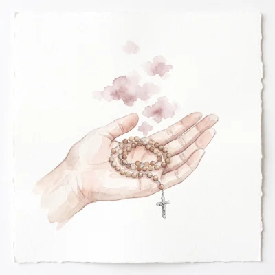 A minimalist watercolor of a rosary resting loosely coiled in an open palm