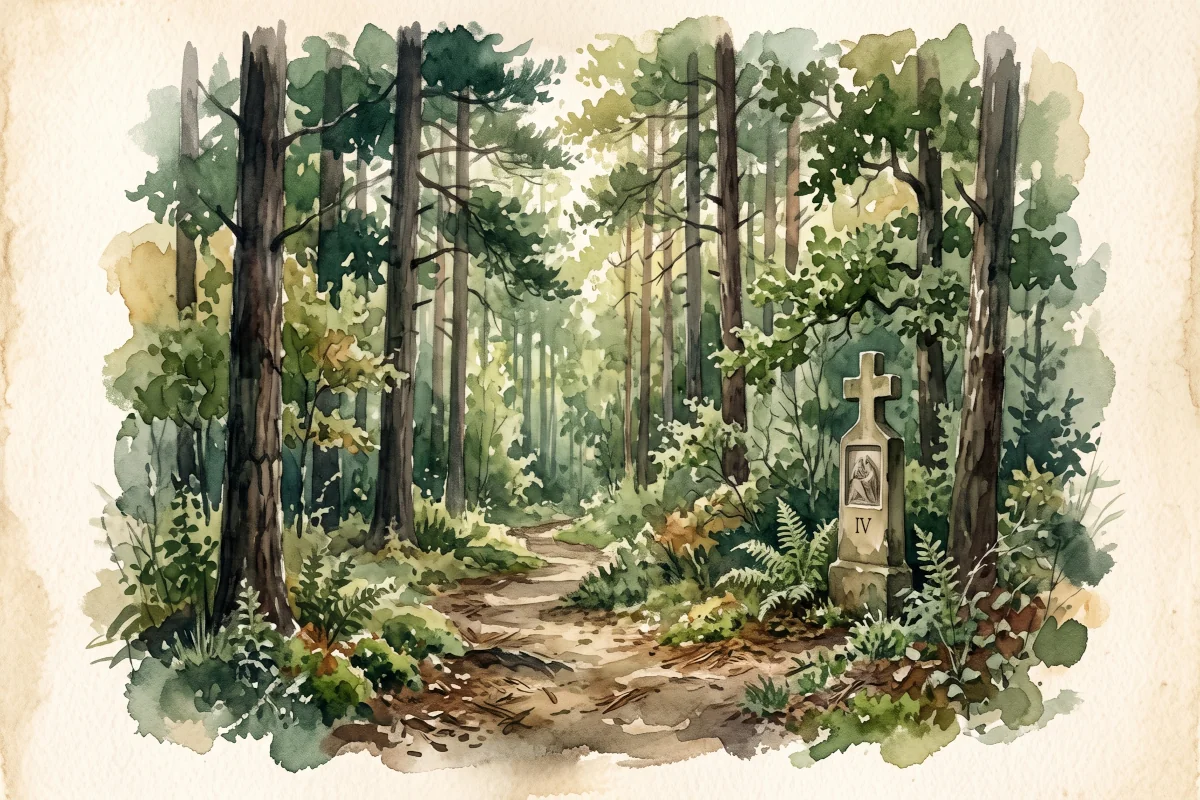 Watercolor painting of the wooded prayer path at the Blue Army Shrine