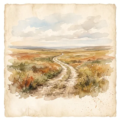 A loose watercolor painting of a single worn walking path crossing an open, empty field toward a wide horizon, no structures in sight