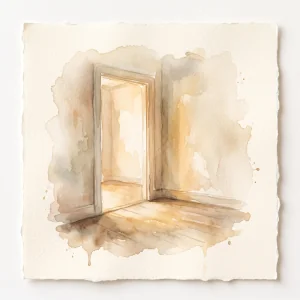 A small watercolor illustration of an open doorway with soft light spilling across an empty threshold