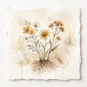 A small watercolor illustration of three wildflowers growing from one shared root