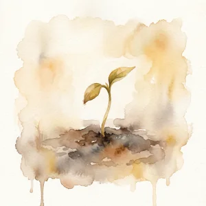 A small watercolor illustration of a sprouted seedling pushing up through dark soil into light