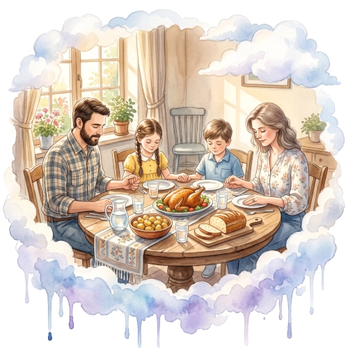 A watercolor of a family praying together over a meal
