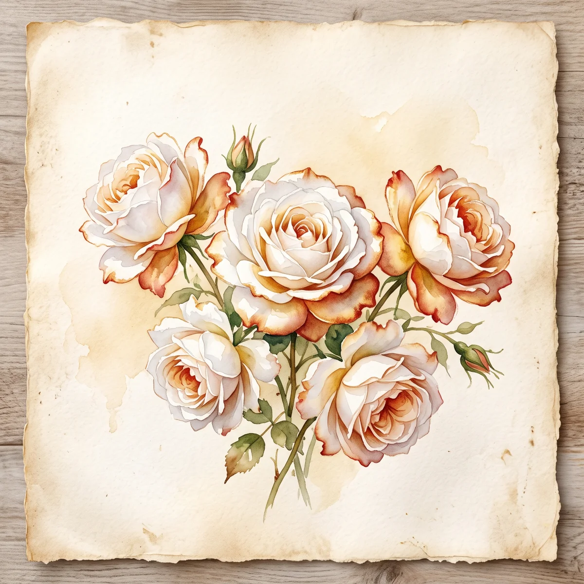 Watercolor painting of five full-blown white roses tinged with red-gold on aged parchment, symbolizing the Coronation of the Blessed Mother, the fifth Glorious Mystery