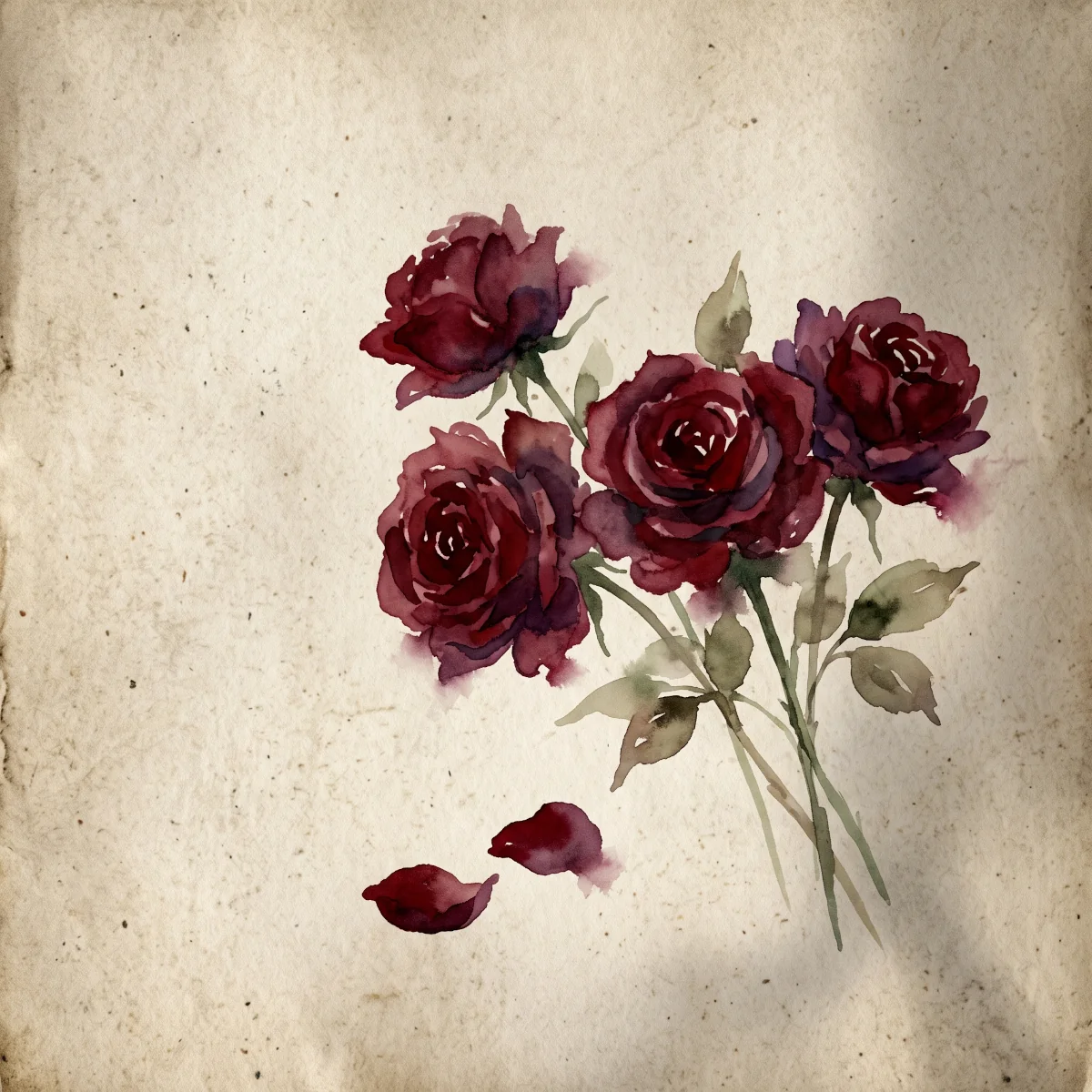 Watercolor painting of four deep blood-red roses on aged parchment, symbolizing the Carrying of the Cross, the fourth Sorrowful Mystery