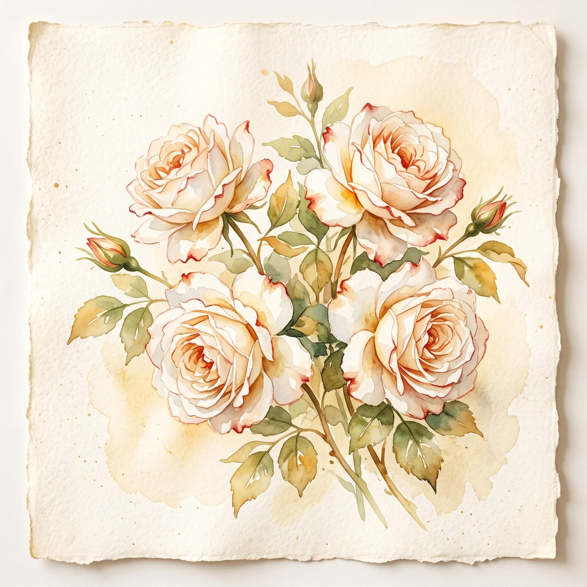 Watercolor painting of four full-blown white roses tinged with red-gold on aged parchment, symbolizing the Assumption of Mary, the fourth Glorious Mystery