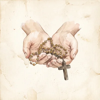 Hands gently cradling a wooden rosary, cupped as if receiving it for the first time
