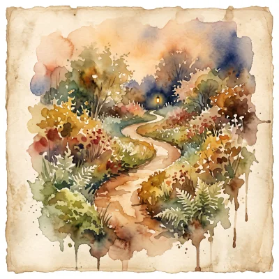A loose watercolor painting of a single winding garden path leading toward a small distant light, gently curving like a heart's rhythm