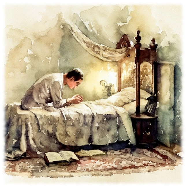 A watercolor of a man sitting on his bed in prayer