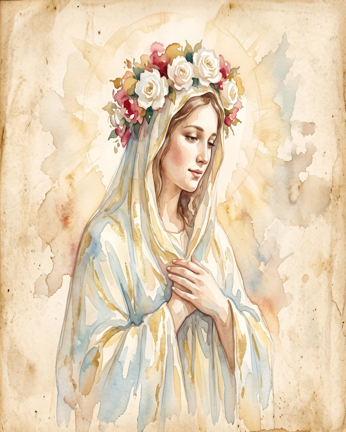 Watercolor painting of the Virgin Mary crowned with full-blown white roses tinged in red-gold, closing image for the Glorious Mysteries novena
