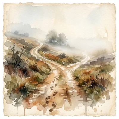 A loose watercolor painting of a forked dirt path disappearing into soft fog, no signpost, a single set of footprints leading up to the fork