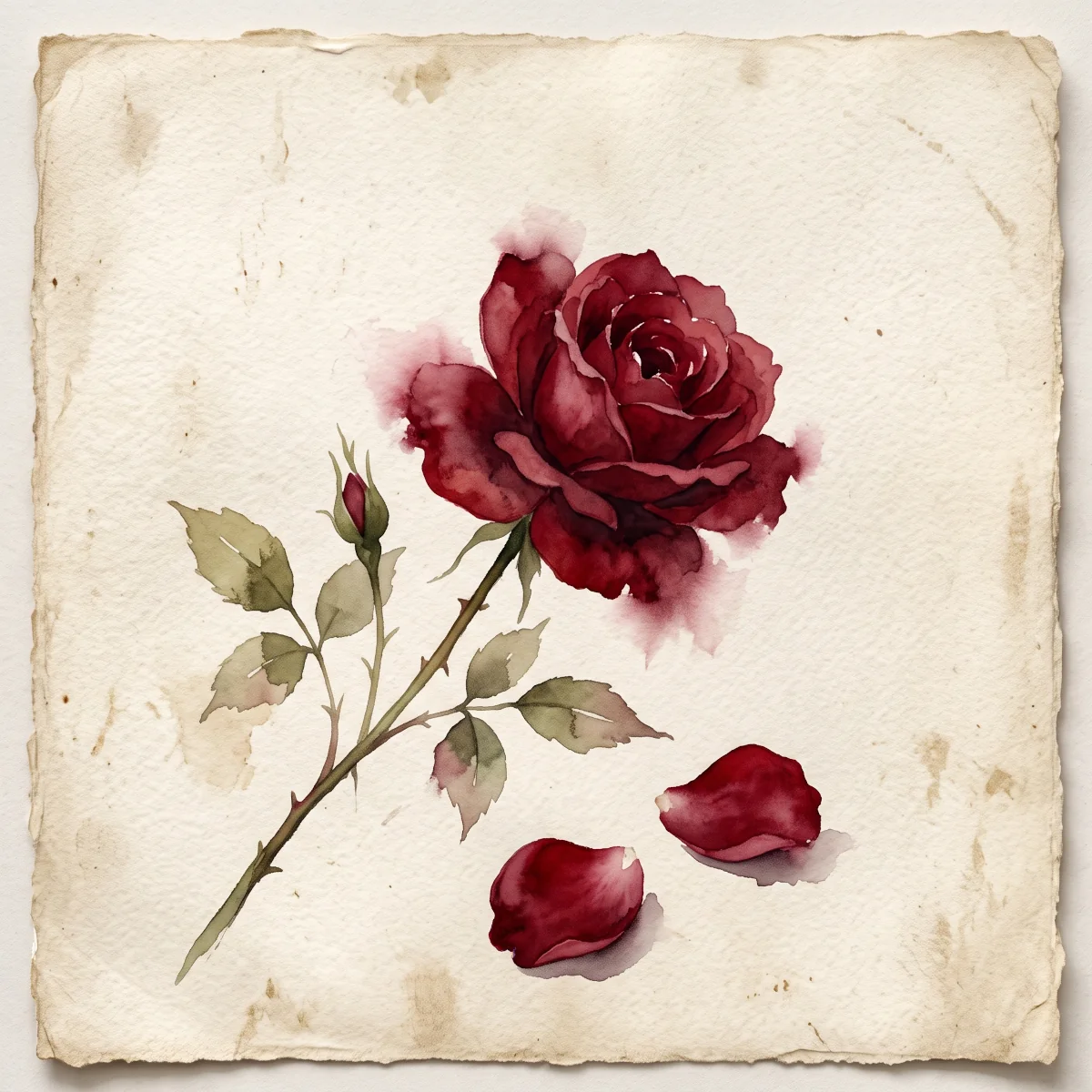 Watercolor painting of one deep blood-red rose on aged parchment, symbolizing the Agony in the Garden, the first Sorrowful Mystery