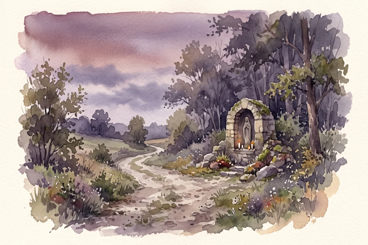 Watercolor painting of the shrine path at Our Lady of Mount Virgin