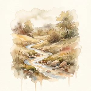 A small watercolor illustration of a thin trickle of water flowing gently downhill around small stones