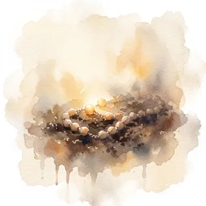 A small watercolor illustration of rosary beads scattered in dark soil like seeds, catching soft light