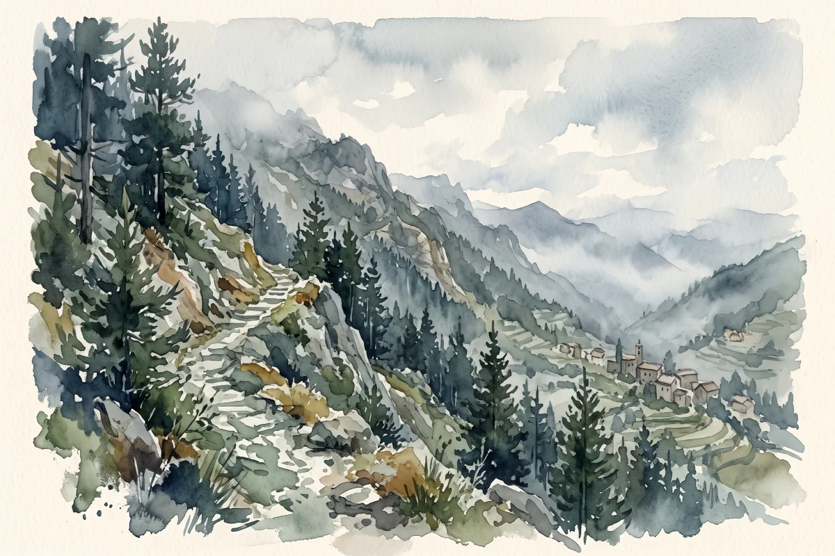 Watercolor painting of the mountain pilgrimage path at San Sebasti&aacute;n de Garabandal