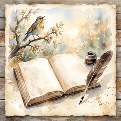 A loose watercolor painting of an open blank book beside a simple feather quill, a bird singing on a nearby branch at first light