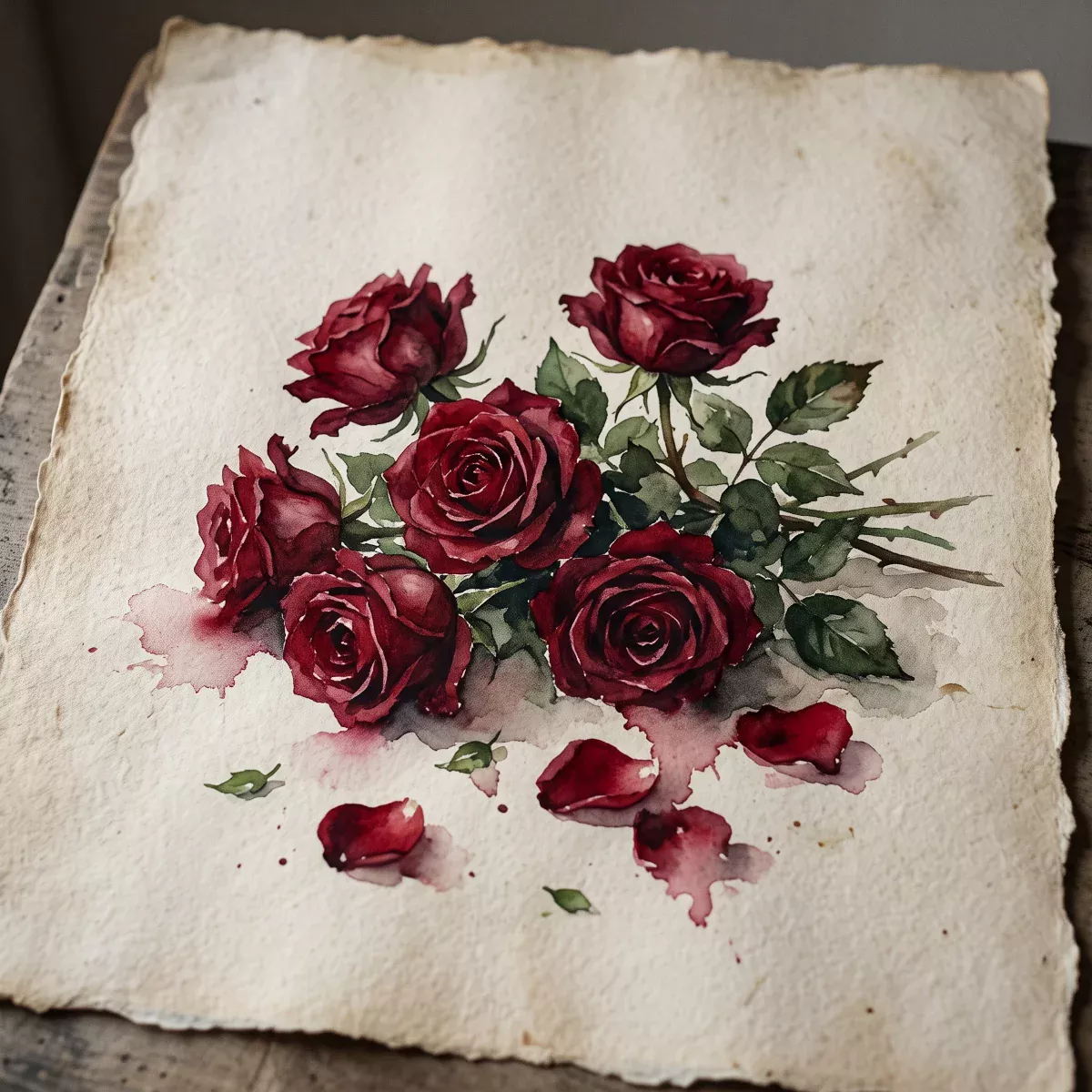 Watercolor painting of deep blood-red roses on aged parchment, representing the Sorrowful Mysteries of the 54 Day Rosary Novena
