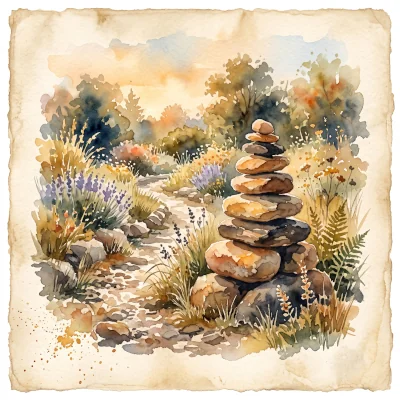 A loose watercolor painting of a small unmarked cairn of stacked stones along a garden path, soft evening light, no visible carving or text