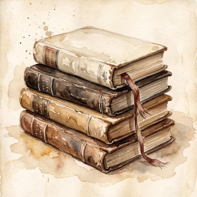A stack of journals and notebooks, worn from use