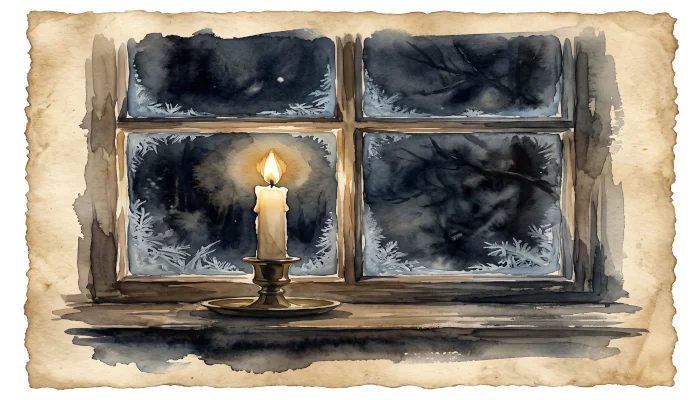 A single lit candle in a dark winter window, watercolor style, representing the St. Andrew Christmas Novena