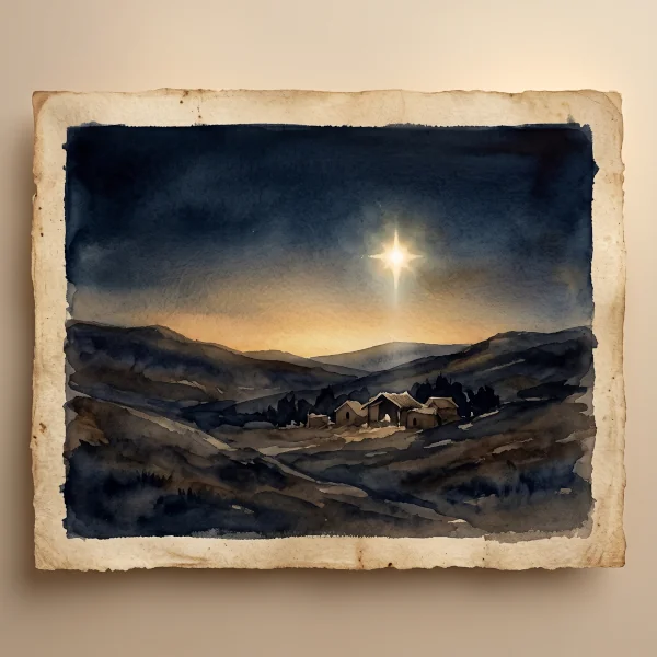 A single bright star low over dark winter hills near Bethlehem, watercolor style