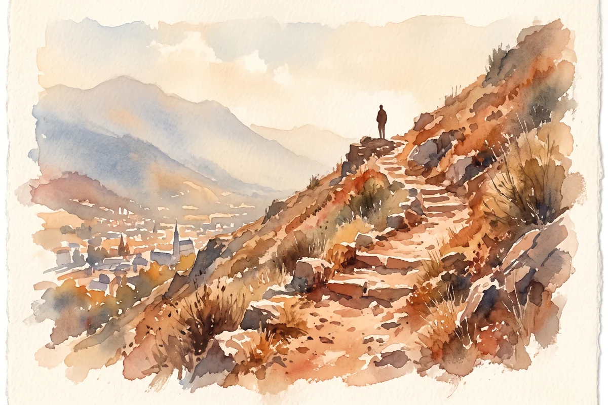 Watercolor painting of the hillside path at the Lourdes Espelugues