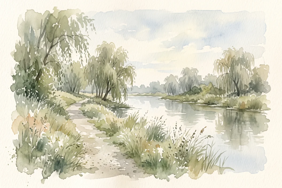 Watercolor painting of the river path at the Lourdes Prairie