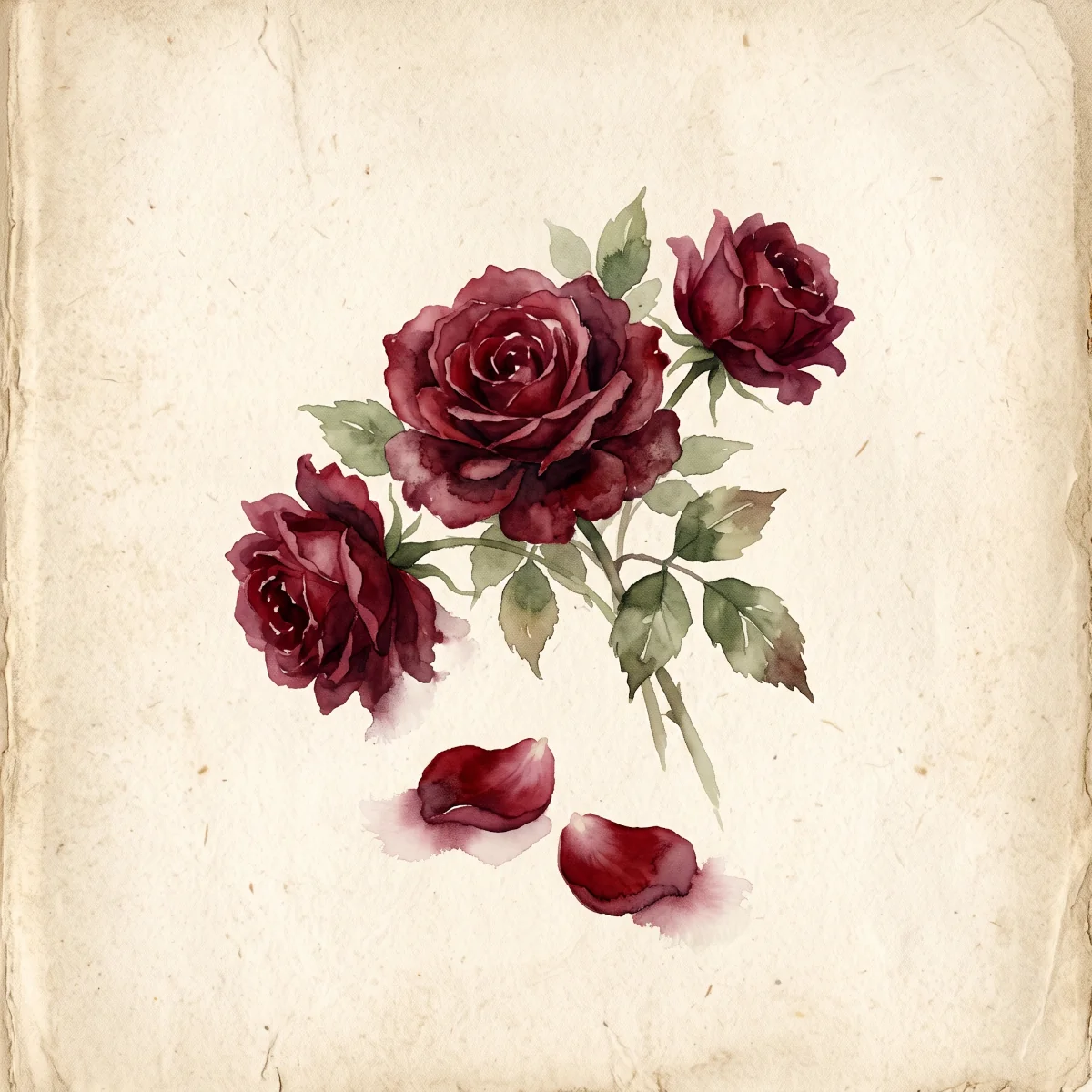 Watercolor painting of three deep blood-red roses on aged parchment, symbolizing the Crowning of Thorns, the third Sorrowful Mystery